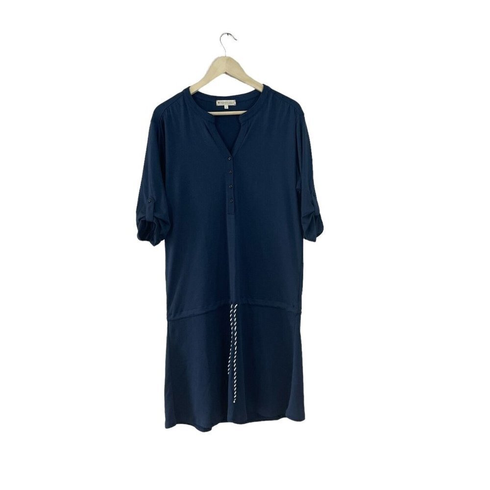 Indigenous Large Organic Cotton Dress Fair Trade Navy Blue Tie Waist Womens